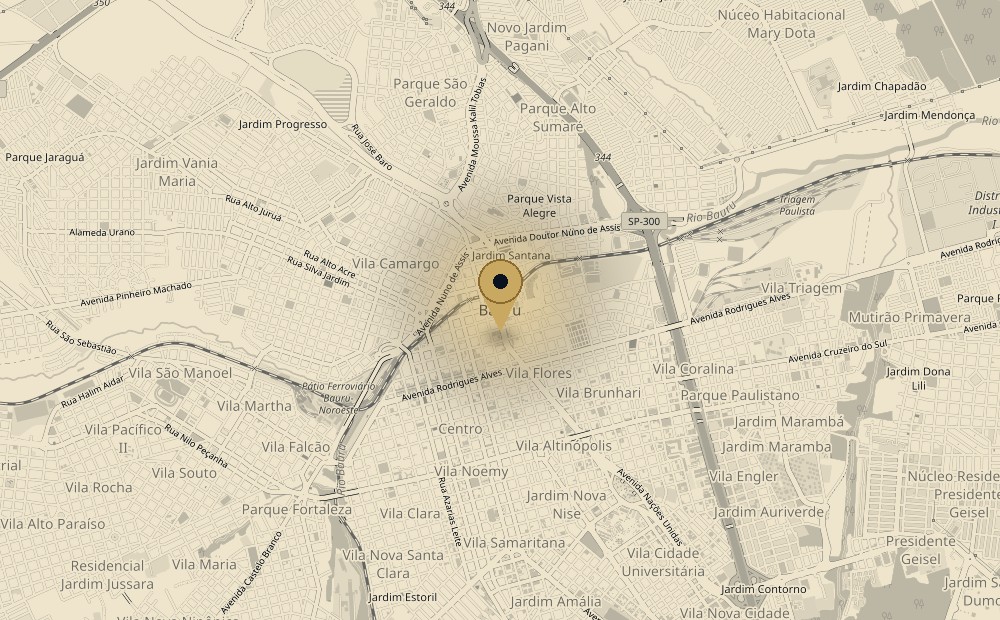 Mapa estilizado indicando a região de atendimento em Bauru/SP